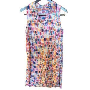 Womens M Sleeveless Button Down Tunic Dress Multicolor Abstract Print Retro